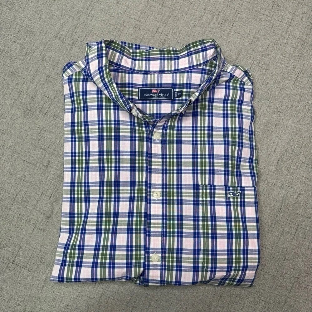 Vineyard Vines Men’s Stretch Poplin Check Button Down Shirt Blue Cloud Size XXL